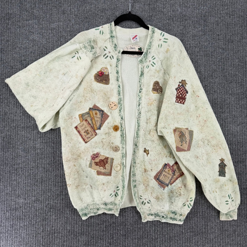 Vintage handmade Jerzees cardigan sweater cottage grandma birdhouse plus size 3X